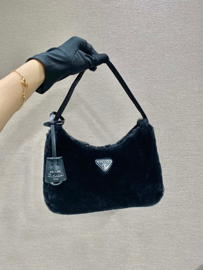 PRADA HOBO BAG 23 IN BLACK RABBIT FUR