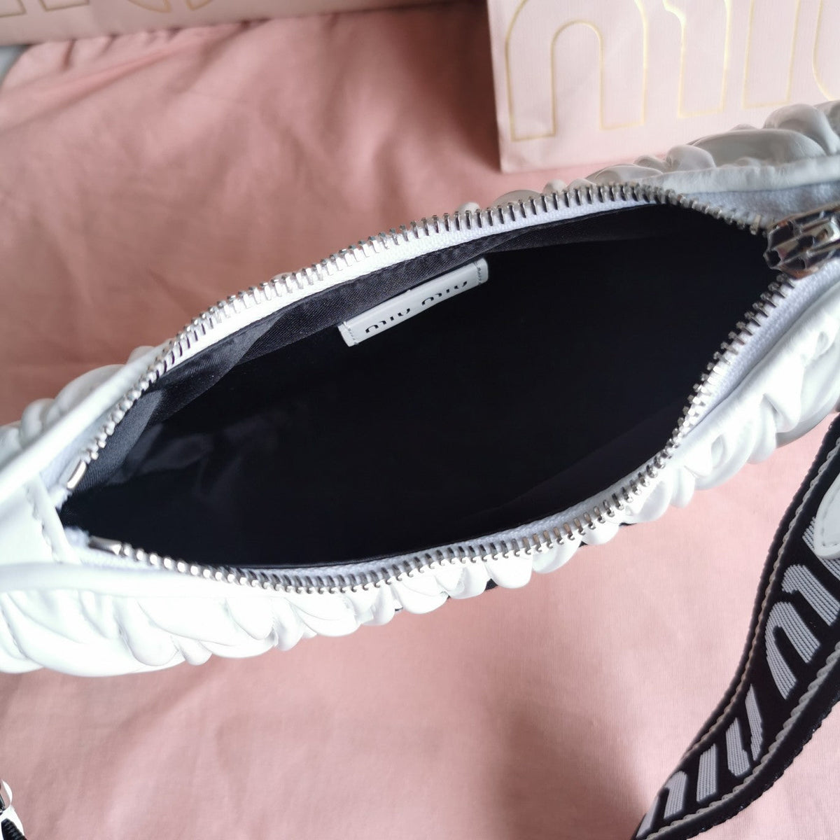 MIU MIU MATELASSé 21 BAG IN WHITE SATIN