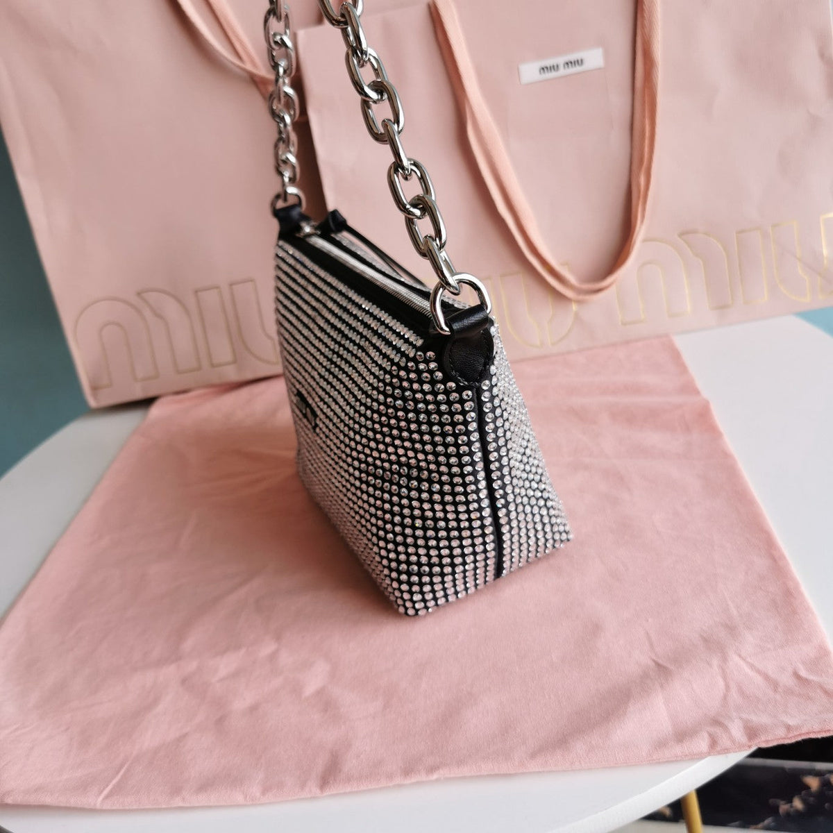 MIU MIU HANDBAG 19 IN BLACK CALFSKIN WITH CRYSTAL
