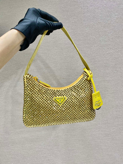 PRADA SPARKLING HOBO BAG 23 IN YELLOW NYLON ATTACHED FULLY CRYSTALS