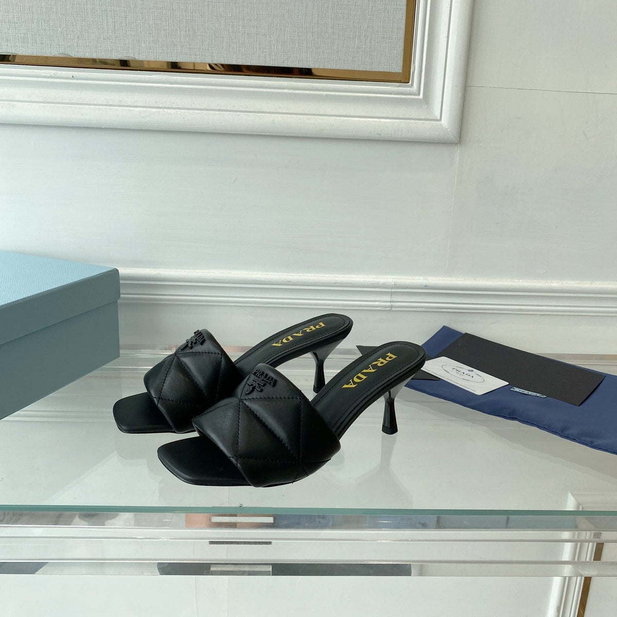 PRADA QUILTED HIGH HEELS SANLS 65 BLACK LAMBSKIN