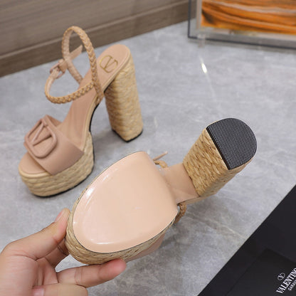 VLTN ESPADRILLE WEDGE SANDALS 25S 130 MM IN MUTED PEACH BEIGE LAMBSKIN