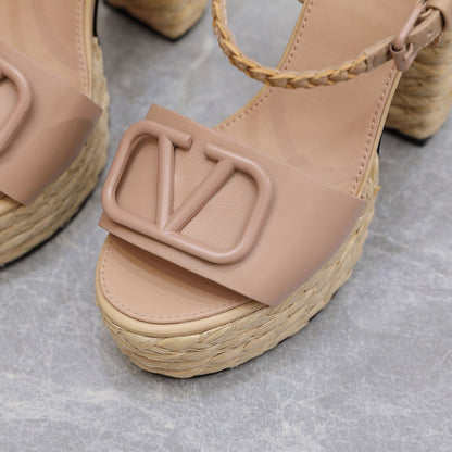 VLTN ESPADRILLE WEDGE SANDALS 25S 130 MM IN MUTED PEACH BEIGE LAMBSKIN