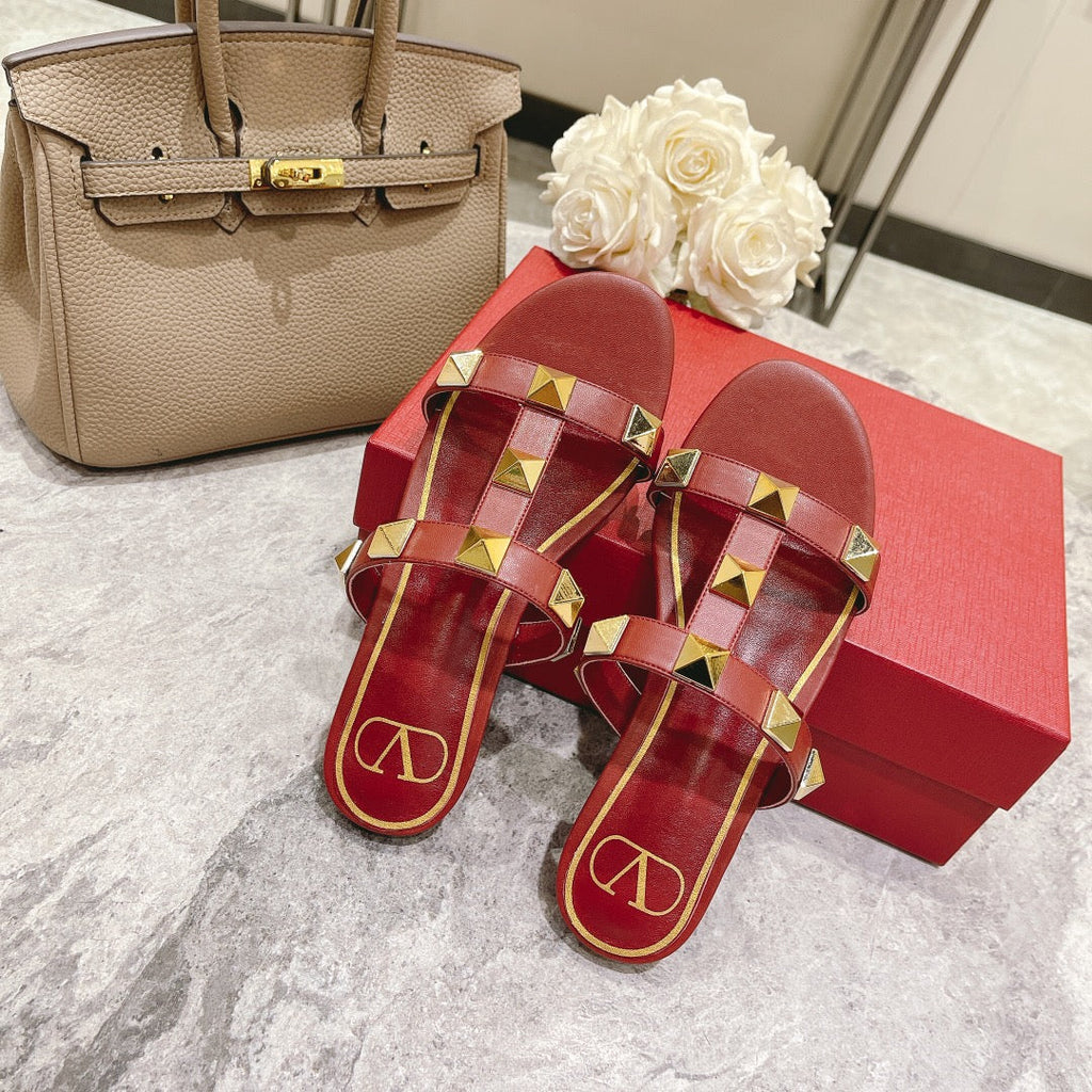 ROMAN STUD CHERRY RED CALFSKIN FLAT SLIDE SANDAL 25 MM