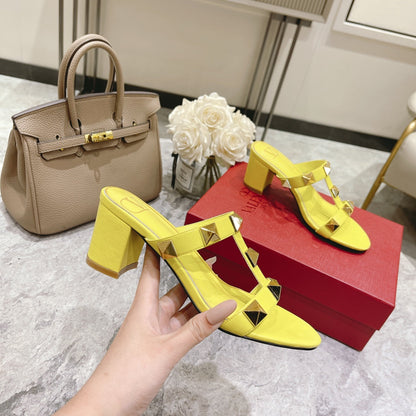 ROMAN STUD BRIGHT YELLOW CALFSKIN SLIDE SANDAL 60 MM