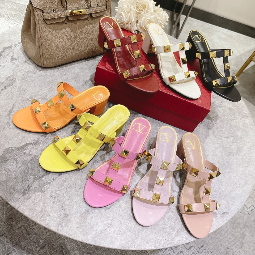 ROMAN STUD BRIGHT YELLOW CALFSKIN SLIDE SANDAL 60 MM
