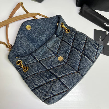 SAINT LAURENT PUFFER BAG 29 IN BLUE GRADIENT DENIM GOLD HARDWARE