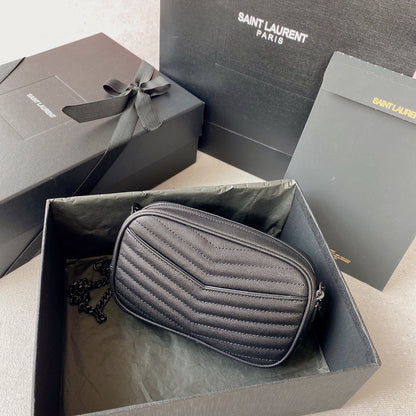 SAINT LAURENT LOU MINI CAMERA BAG 19 IN BLACK CAVIAR PATTERN CALFSKIN BLACK HARDWARE
