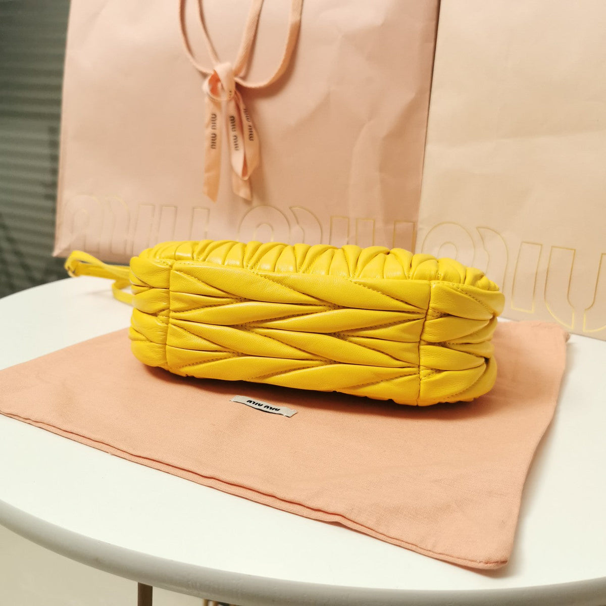MIU MIU WANDER MATELASSÉ NAPPA HOBO BAG 23 IN YELLOW LAMBSKIN