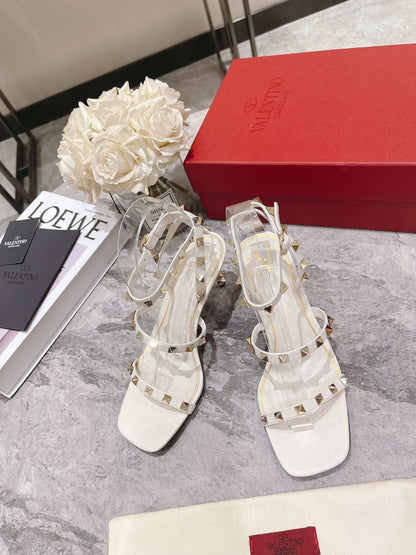 HIGH HEEL 6 CM SANDAL IN WHITE LAMBSKIN WITH STUDS