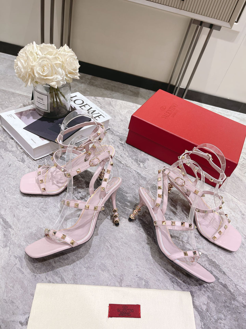 HIGH HEEL 6 CM SANDAL IN LIGHT PINK LAMBSKIN WITH STUDS