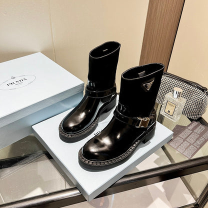PRADA ANKLE BOOTS WITH STRAP IN BLACK CALFSKIN