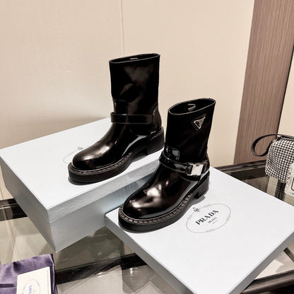 PRADA ANKLE BOOTS WITH STRAP IN BLACK CALFSKIN