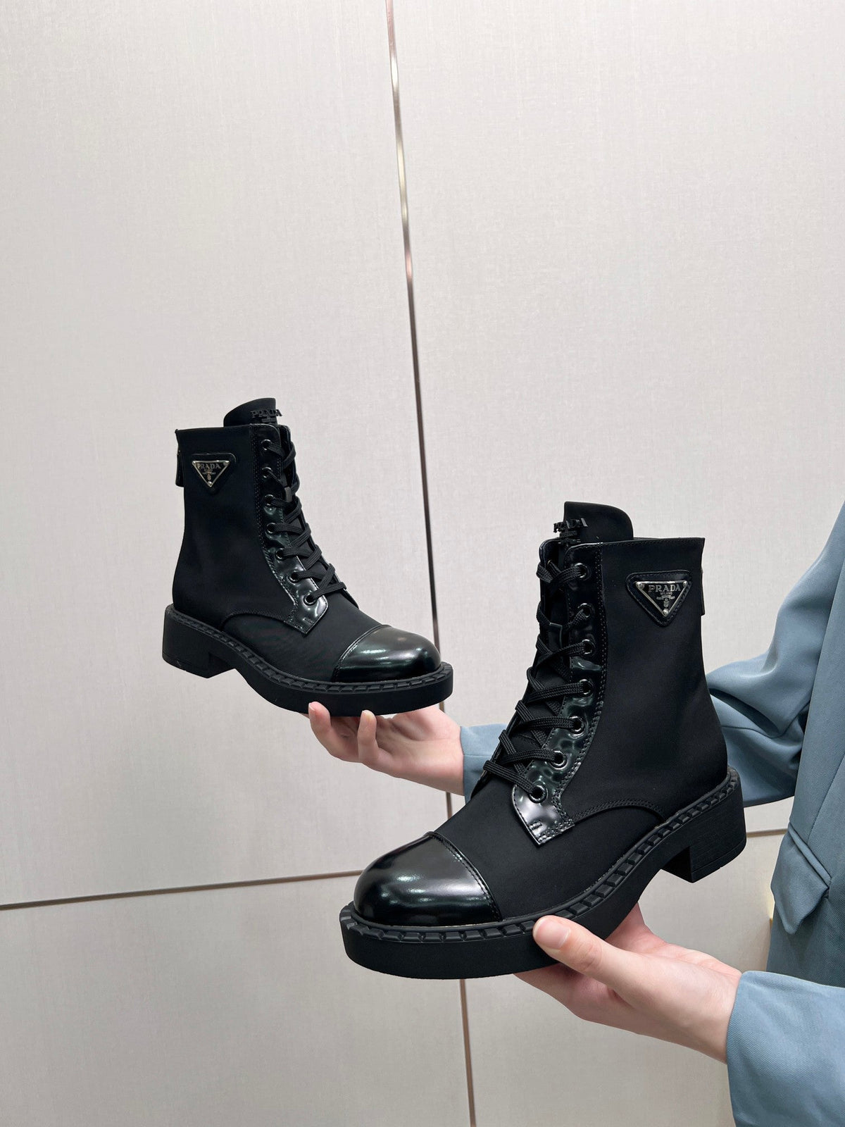 PRADA LACE-UP ANKLE BOOTS IN BLACK DENIM AND SHEEPSKIN LINING