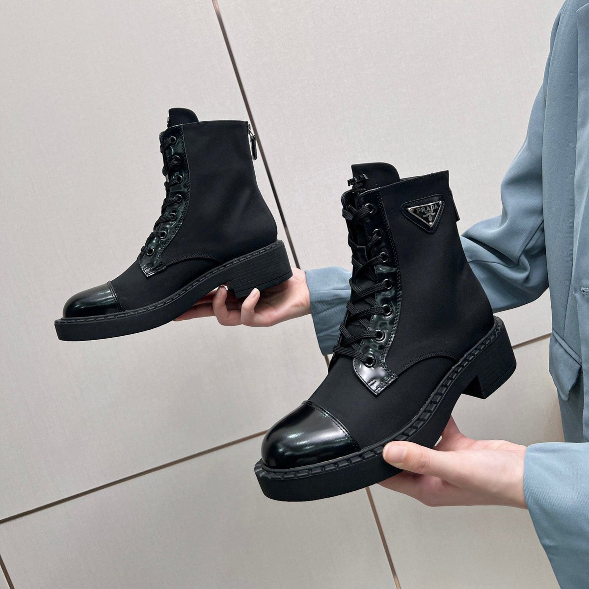 PRADA LACE-UP ANKLE BOOTS IN BLACK DENIM AND SHEEPSKIN LINING