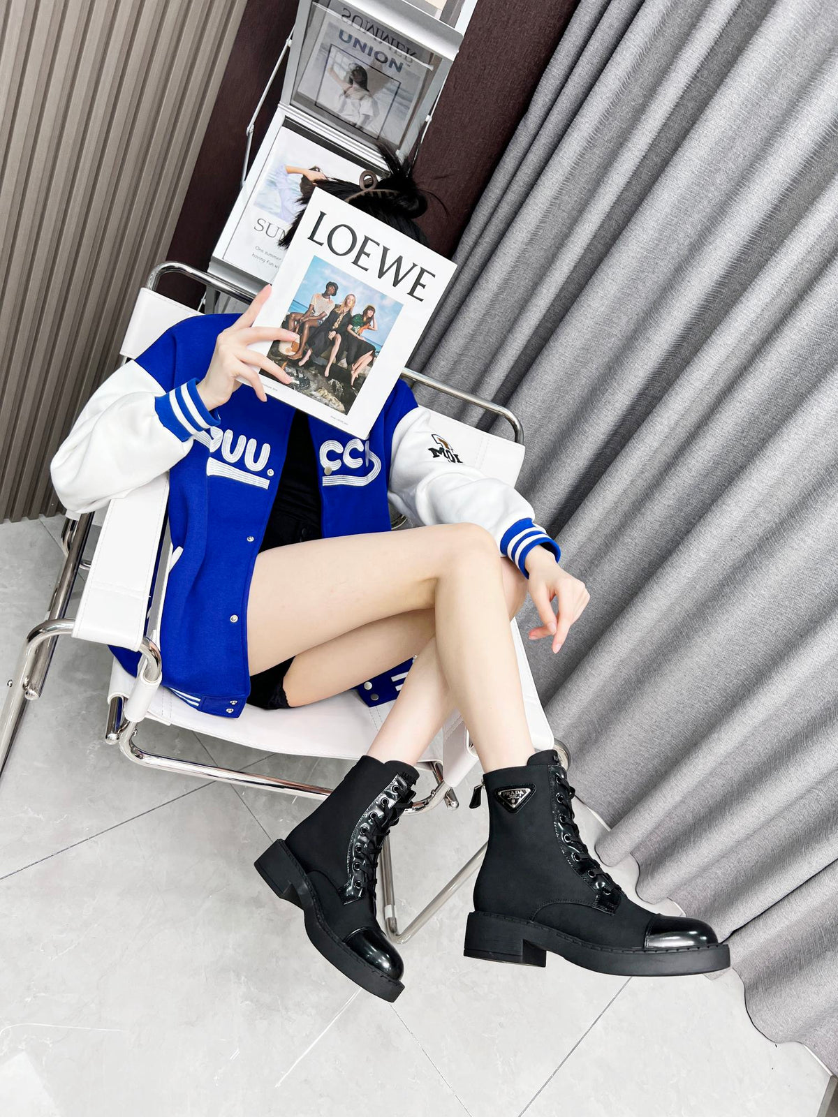 PRADA LACE-UP ANKLE BOOTS IN BLACK DENIM AND SHEEPSKIN LINING