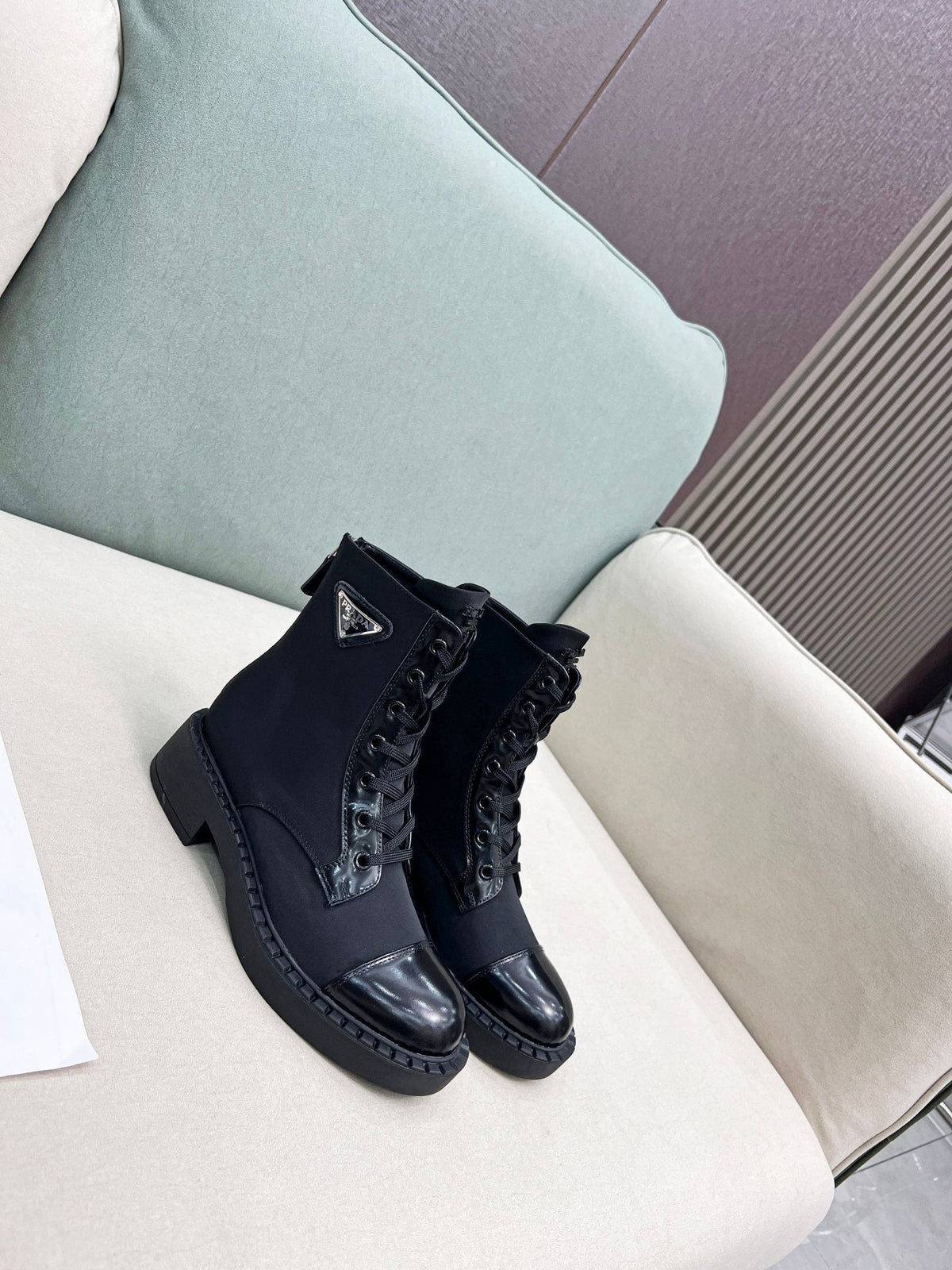 PRADA LACE-UP ANKLE BOOTS IN BLACK DENIM AND SHEEPSKIN LINING