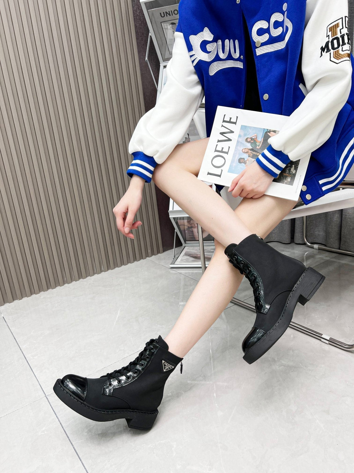 PRADA LACE-UP ANKLE BOOTS IN BLACK DENIM AND SHEEPSKIN LINING