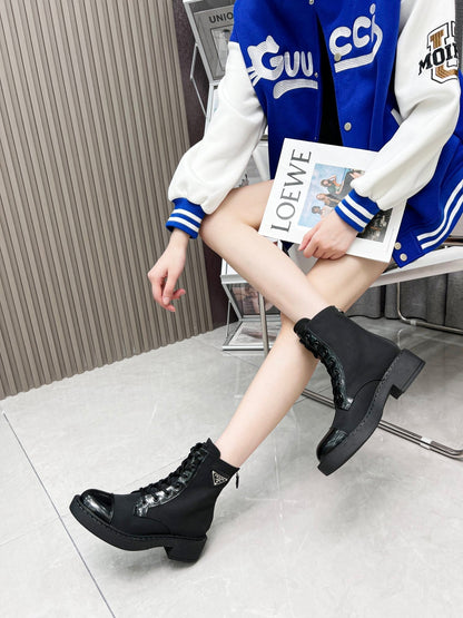 PRADA LACE-UP ANKLE BOOTS IN BLACK DENIM AND SHEEPSKIN LINING