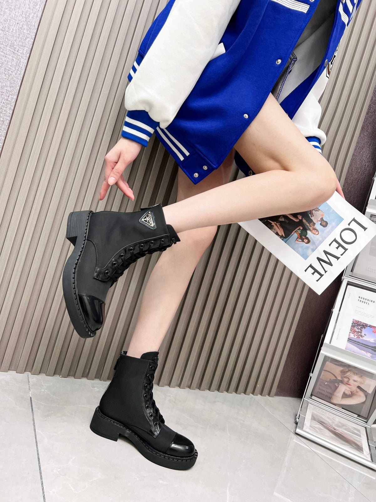 PRADA LACE-UP ANKLE BOOTS IN BLACK DENIM AND SHEEPSKIN LINING