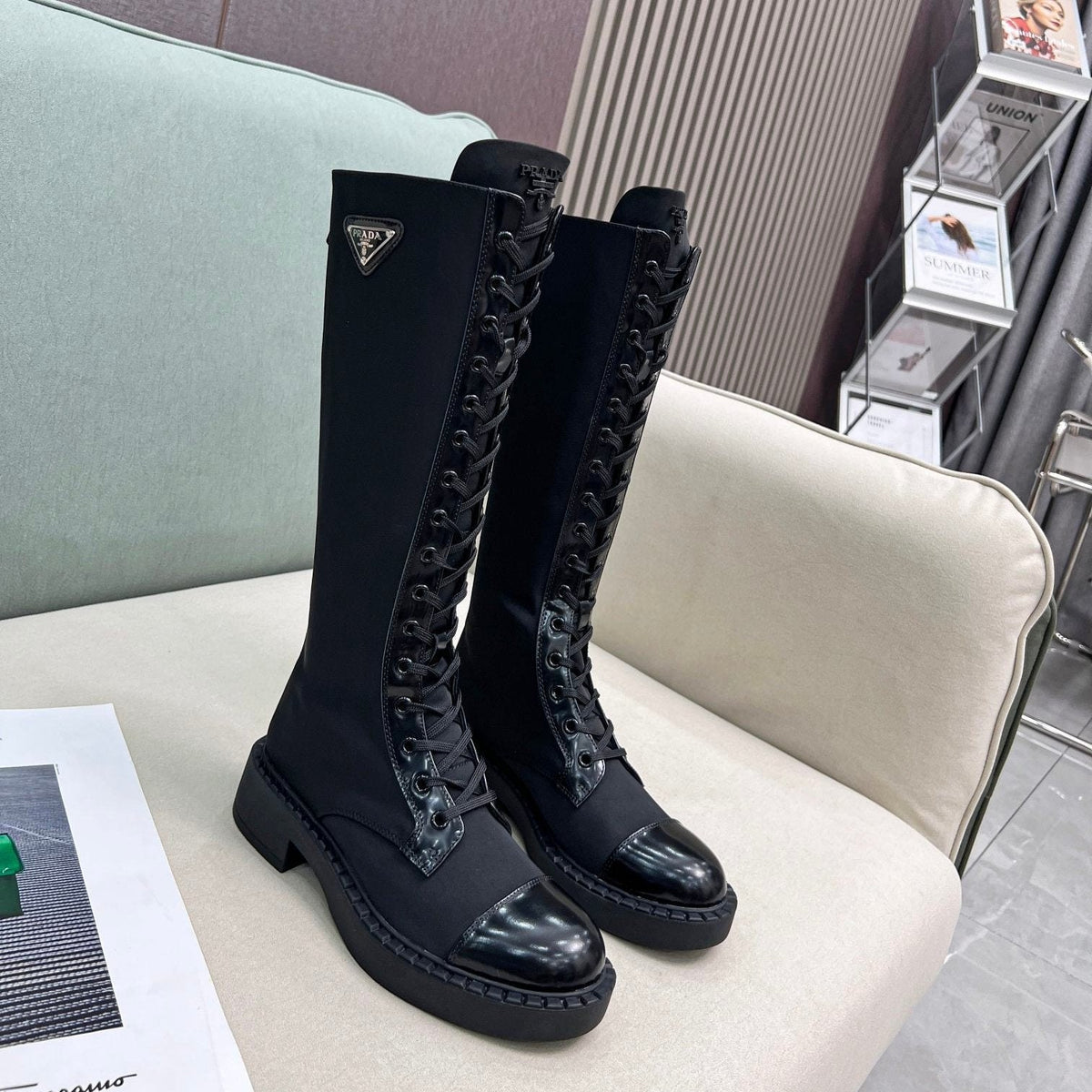 PRADA LACE-UP KNEE BOOTS IN BLACK DENIM AND SHEEPSKIN LINING