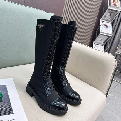 PRADA LACE-UP KNEE BOOTS IN BLACK DENIM AND SHEEPSKIN LINING