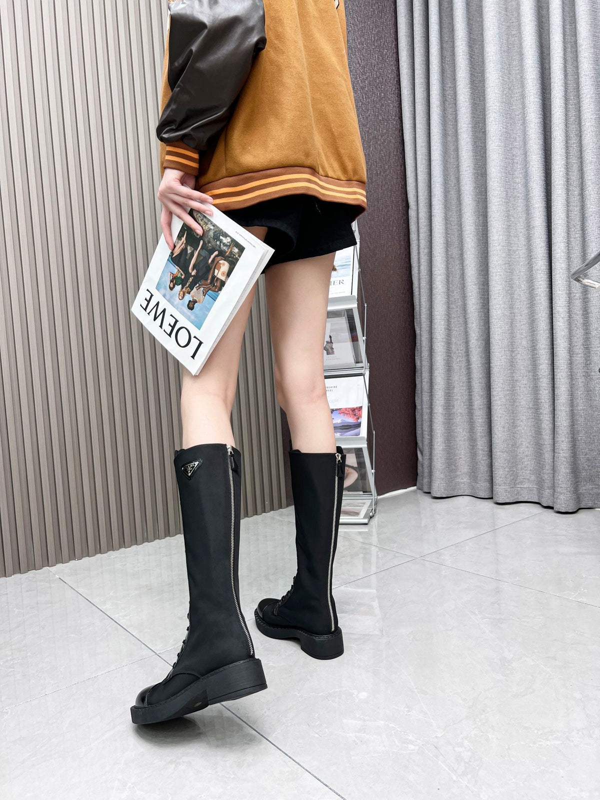 PRADA LACE-UP KNEE BOOTS IN BLACK DENIM AND SHEEPSKIN LINING