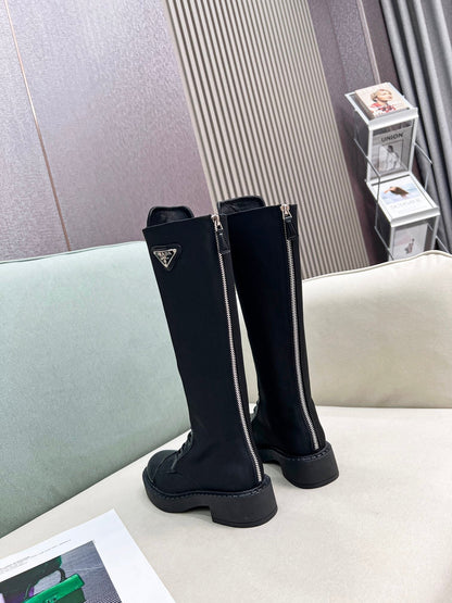 PRADA LACE-UP KNEE BOOTS IN BLACK DENIM AND SHEEPSKIN LINING