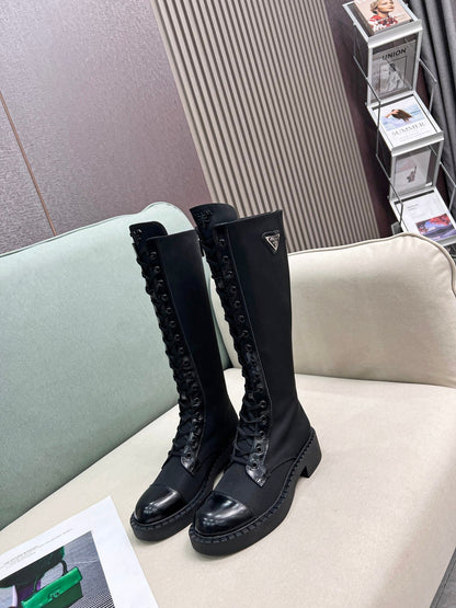 PRADA LACE-UP KNEE BOOTS IN BLACK DENIM AND SHEEPSKIN LINING