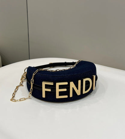 FENDI FENDIGRAPHY 29 BAG IN NAVY BLUE DENIM FABRIC WITH GOLD HARDWARE