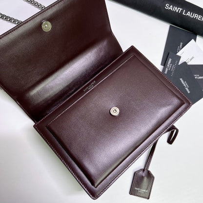 SAINT LAURENT SUNSET MEDIUM 22 IN MAROON CALFSKIN SILVER HARDWARE