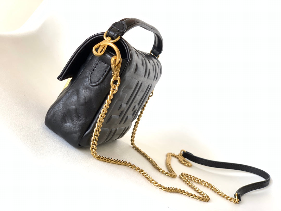 FENDI Mini Baguette Bag 20 With FF Motif Black Leather Ghw