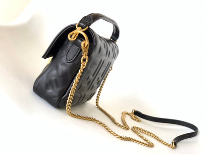 FENDI Mini Baguette Bag 20 With FF Motif Black Leather Ghw
