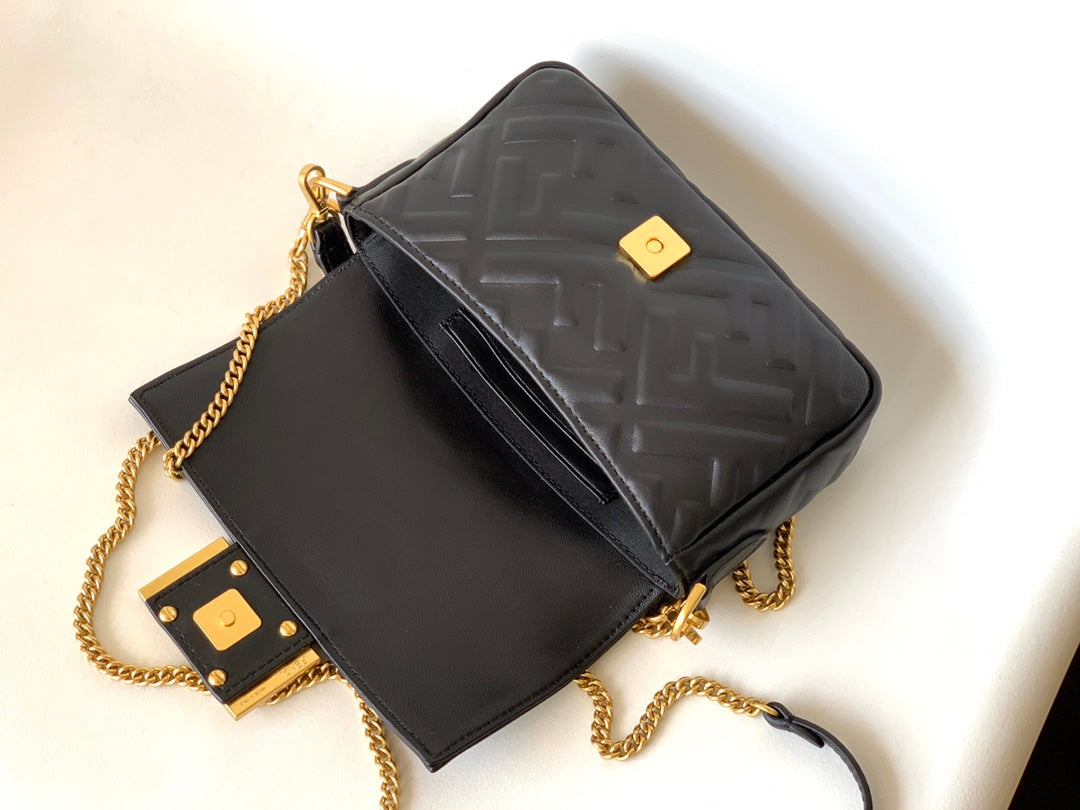 FENDI Mini Baguette Bag 20 With FF Motif Black Leather Ghw