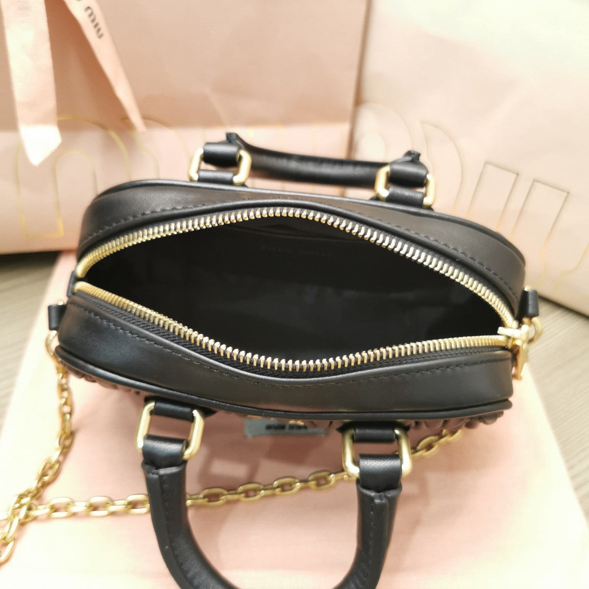 MIU MIU TOO PRETTY 17 HANDBAG BLACK LAMBSKIN