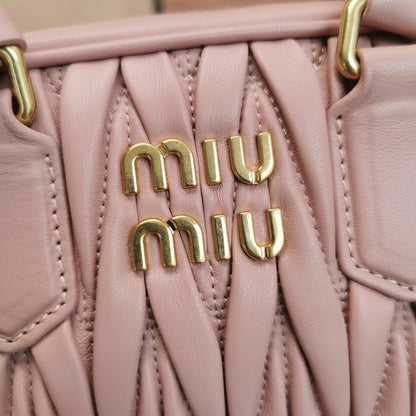 MIU MIU ARCADIE MATELASSÉ NAPPA SMALL BAG 19 IN PASTEL PINK LAMBSKIN GOLD HARDWARE