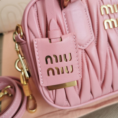 MIU MIU ARCADIE MATELASSÉ NAPPA SMALL BAG 19 IN FLAMINGO PINK LAMBSKIN GOLD HARDWARE