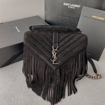 SAINT LAURENT COLLEGE TASSEL 24 IN BLACK SUEDE SILVER HARDWARE