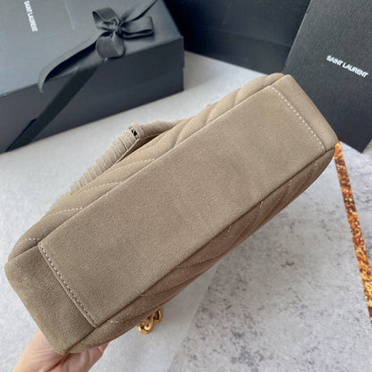 SAINT LAURENT COLLEGE TASSEL 24 IN LIGHT FAWN SUEDE GOLD HARDWARE