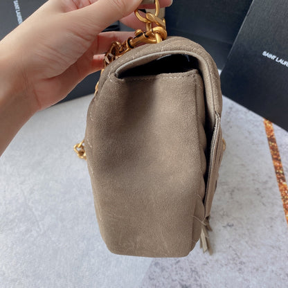 SAINT LAURENT COLLEGE TASSEL 24 IN LIGHT FAWN SUEDE GOLD HARDWARE