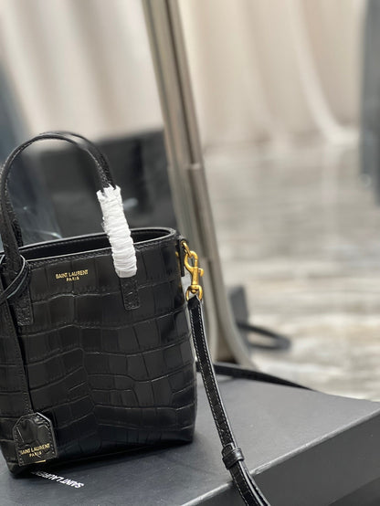 SAINT LAURENT MINI TOY SHOPPING 18 IN CROCODILE-EMBOSSED BLACK CALFSKIN