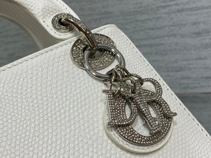 DIOR MINI LADY 17 BAG IN WHITE EMBOSSED LAMBSKIN WITH SILVER CLASP