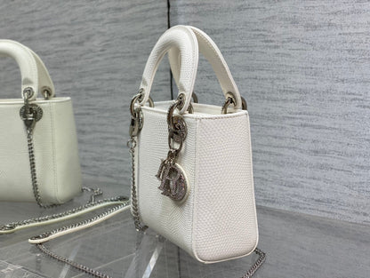DIOR MINI LADY 17 BAG IN WHITE EMBOSSED LAMBSKIN WITH SILVER CLASP