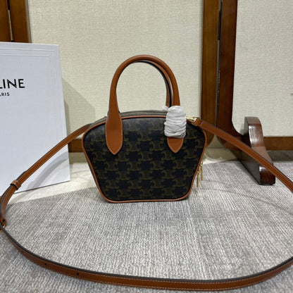 CELINE TOP HANDLE BAG 20 IN BLACK TRIOMPHE CANVAS AND BROWN CALFSKIN