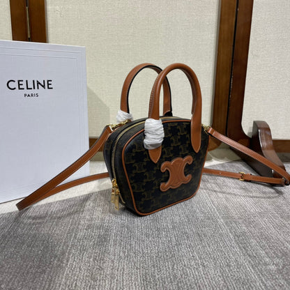 CELINE TOP HANDLE BAG 20 IN BLACK TRIOMPHE CANVAS AND BROWN CALFSKIN