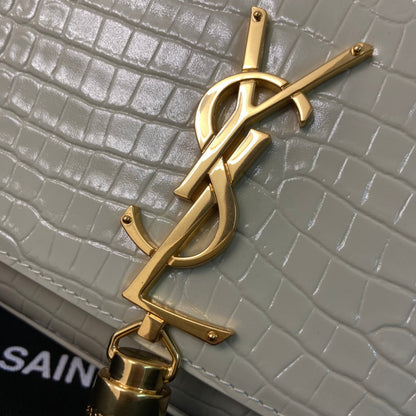 SAINT LAURENT KATE TASSEL 24 CROCODILE PATTERN CALFSKIN WHITE WITH GOLD LOGO