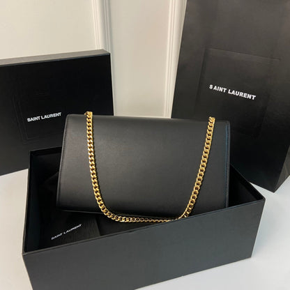 SAINT LAURENT KATE TASSEL 24 BLACK CALFSKIN WITH GOLD LOGO