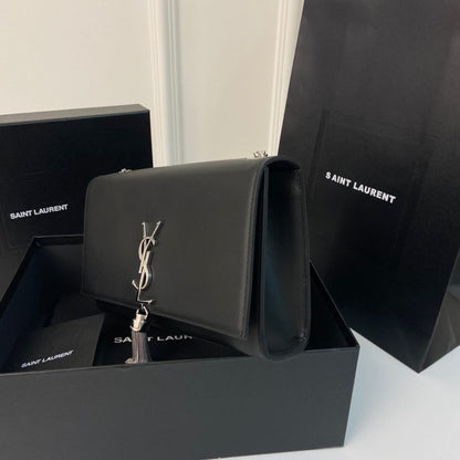 SAINT LAURENT KATE TASSEL 24 BLACK CALFSKIN WITH SILVER LOGO