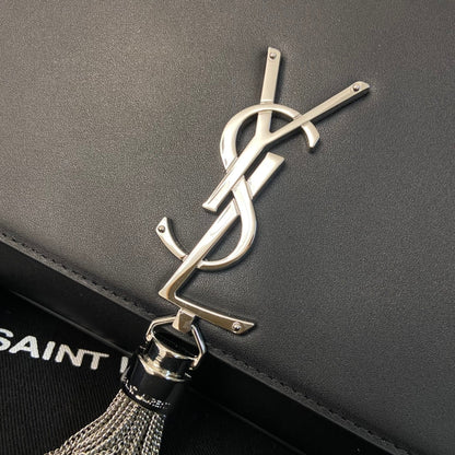 SAINT LAURENT KATE TASSEL 24 BLACK CALFSKIN WITH SILVER LOGO