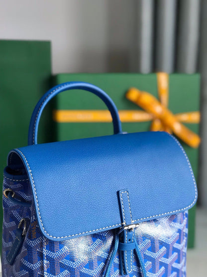 GOYARD ALPIN MINI BACKPACK 21 IN SAPPHIRE BLUE LAMBSKIN AND GOYARDINE CANVAS